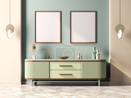 Photo for Interior design of modern living room with green sideboard over green and beige wall. Contemporary room with dresser or chest or drawers. Home design with pendant lights and mock up poster frames. Marble tiled floor. 3d rendering - Royalty Free Image