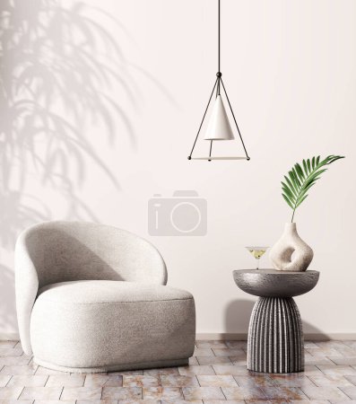 Innenraum des Wohnzimmers mit Pendellicht, Couchtisch, Cocktailglas darauf, Sessel über beiger Wandattrappe. Wohndesign. Interner Hintergrund mit Kopierraum. 3D-Darstellung