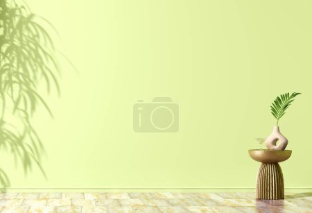 Photo for Interior background of room with bright green wall and vase with palm leaf on decorative accent table. Empty wall with leaf shadow and marble tiled flooring. Modern home decor. 3d rendering - Royalty Free Image
