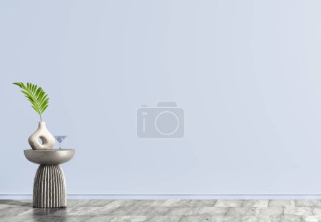 Photo for Interior background of room with blue wall and vase with palm leaf on decorative accent table. Empty wall and marble tiled flooring. Modern home decor. 3d rendering - Royalty Free Image