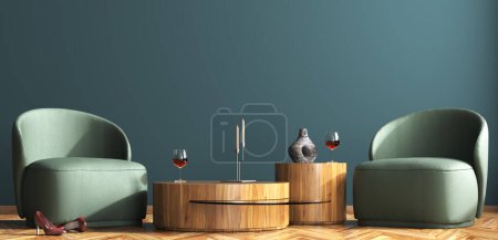 Photo for Interior of living room with green leather armchairs and wooden coffee tables over dark blue wall. Wine glass on the accent table and red heels on the floor. 3d rendering - Royalty Free Image