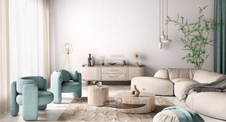 Téléchargez les photos : Modern interior design of cozy apartment, living room with beige sofa, turquoise armchairs. Room with window. Home design.3d rendering - en image libre de droit