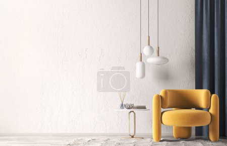 Foto de Interior of modern living room with coffee table and orange armchair, empty wall and blue curtain. Pendant light. Home design. 3d rendering - Imagen libre de derechos
