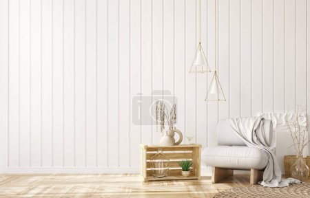 Photo for Interior of living room with pendant lights, white armchair with plaid over the white planks paneling wall. Farmhouse style. Home design. 3d rendering - Royalty Free Image