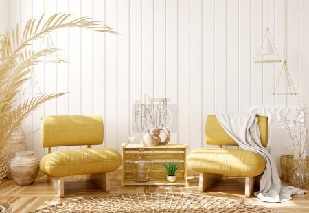 Photo for Interior design of living room with yellow armchairs with plaid over the white planks paneling wall. Farmhouse style. Home design. 3d rendering - Royalty Free Image