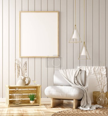 Photo for Interior design of living room with white armchair over the gray planks paneling wall. Farmhouse style. Empty poster frame on the wall. Home design. 3d rendering - Royalty Free Image
