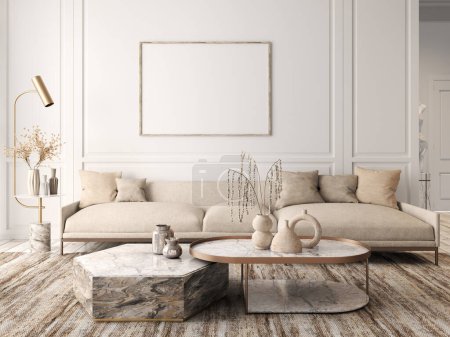 Modernes Interieur der Wohnung, Wohnzimmer mit beigem Sofa, Marmor-Couchtische. Leeres Plakat an der Wand. 3D-Darstellung