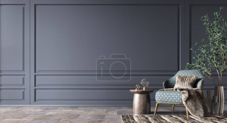 Photo for Interior of modern living room with accent coffee table, classical patterned armchair and fur plaid on it. Home design with empty dark blue paneling wall. 3d rendering - Royalty Free Image