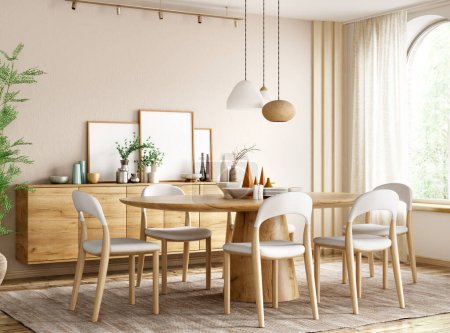 Téléchargez les photos : Intérieur de la salle à manger moderne, table à manger en bois et chaises dans la chambre avec fenêtre, rendu 3d - en image libre de droit