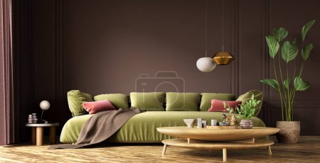 Foto de Diseño interior moderno de la sala de estar con sofá verde y mesa de centro de madera. Interior del hogar. renderizado 3d - Imagen libre de derechos