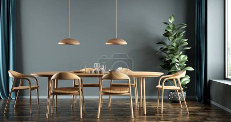 Téléchargez les photos : Intérieur de la salle à manger moderne, table à manger et chaises en bois contre le mur bleu. Design d'intérieur. Rendu 3d - en image libre de droit