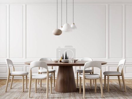 Photo for Interior of modern dining room, wooden dining table and white chairs in room with paneling wall. Home design. 3d rendering - Royalty Free Image