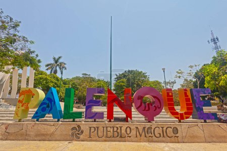 Photo for PALENQUE, MEXICO - April 1, 2022: Colorful letters statue with "Palenque" word near the main square (Zocalo) of Palenque, Mexico. It is the poorest major city in the state of Chiapas. - Royalty Free Image