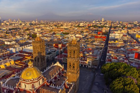 Puebla downtown taken in sunrise time with drone, Mexico