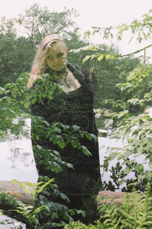 Woman an black  in the forest near the lake an d swarps , multiexposition