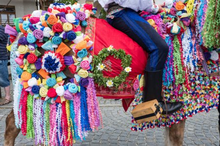Foto de Caballo vestido durante la tradicional fiesta de Moravia del Paseo de los Reyes en Vlcnov, Moravia del Sur, República Checa. - Imagen libre de derechos