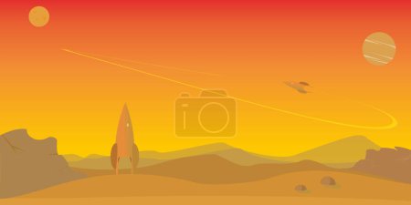 Téléchargez les illustrations : Planète rouge colonisation de Mars. Des fusées sur Mars et des vols dans le ciel sur des maisons de fond pour les colons de Mars. - en licence libre de droit