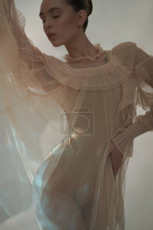 Téléchargez les photos : Young beautiful girl posing in a romantic dress. Sunlight. Sexy model in transparent dress. - en image libre de droit