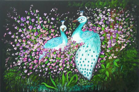 Oil painting of Peacock pair nestling on flowering branches