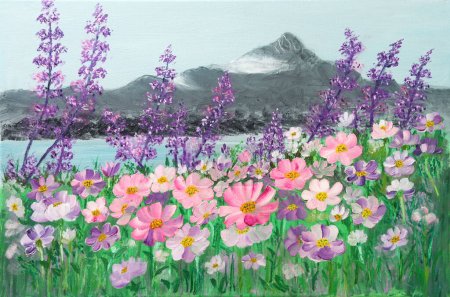 Oil painting of Field of pink and purple cosmos daisies by mountain lake