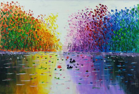 Oil painting of family of ducks swimming in lake with magical rainbow colors