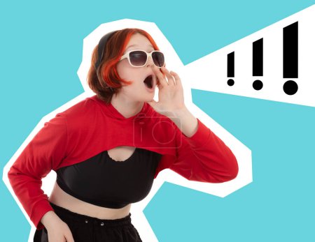 Photo for Calling red-haired fashionable stylish teenager girl in headphones, in sunglasses screams, putting her palm to her mouth, attracts attention, reports hot news, on a comic turquoise wall background with exclamation marks - Royalty Free Image
