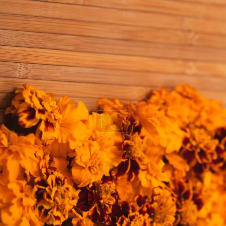 Photo for Marigold yellow flowers on bamboo planks background. Concept Diwali Festival, Day of the Dead Mexican Festival, Chinese mid autumn festival, holiday template. Top view, flat lay, copy space - Royalty Free Image