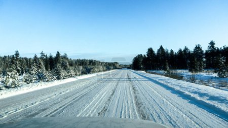 Téléchargez les photos : Road trip hivernal : route asphaltée à travers forêt enneigée et paysage enneigé pittoresque avec des arbres dans les bois - en image libre de droit