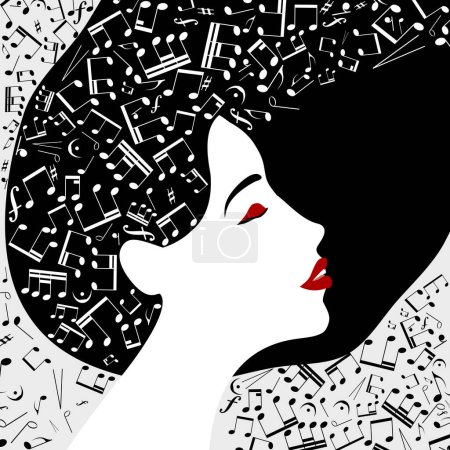 Illustration for Beautiful woman profile. Beauty face with black hair made of musical notes, red lips. Vector illustration with place for your text. - Royalty Free Image