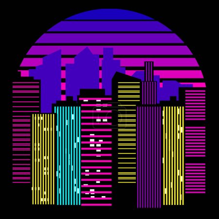 Photo for Synthwave, vaporwave, retrowave 80s neon landscape, gradient colored sunset with urban city, skyscrapers silhouettes on black background. Retro futuristic aesthetic solar circle emblem, logo or icon design template. Vector illustration. - Royalty Free Image