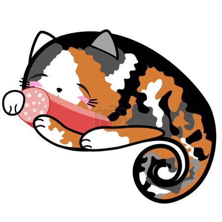 Ilustración de Lindo gato dormido con salchicha, forma paisley dibujado a mano, colección de dibujos animados doodle - Imagen libre de derechos