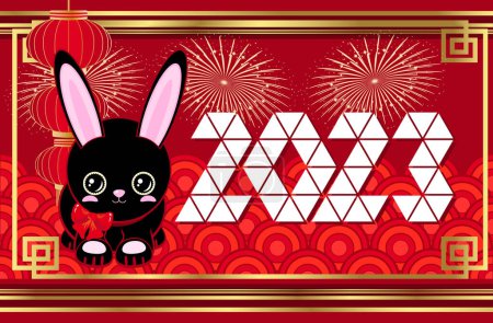 Téléchargez les illustrations : Mignon lapin noir. 2023 Bonne année ! Nouvel An chinois fond d'or rouge. orientation horizontale - en licence libre de droit