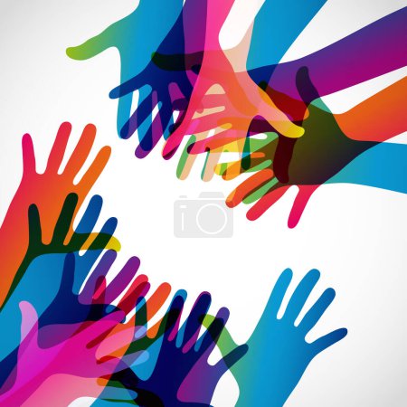 Illustration for Hands on a light background. Colorful silhouettes arms.  Vector team, help, friendship symbol illustration. - Royalty Free Image