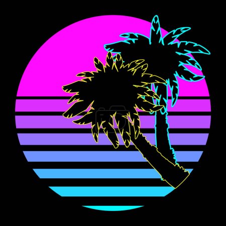 Photo for Synthwave, vaporwave, retrowave 80s neon landscape, gradient colored sunset with palm trees silhouettes on black background. Retro futuristic aesthetic solar circle emblem, logo or icon design template. Vector illustration. - Royalty Free Image