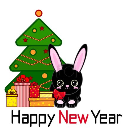 Illustration for Happy New Year! A cute black rabbit near a decorated Christmas tree with gifts. Chinese New Year - Royalty Free Image