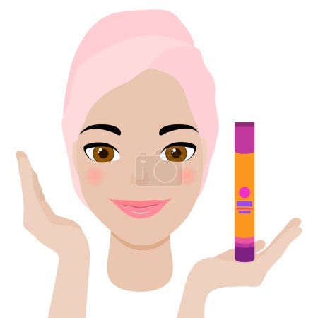 Illustration for Beautiful young female model shows spa cosmetic product on the open palm of her hand.  The face of a lovely smiling beauty girl with clean fresh healthy skin.  Happy cute fashionable lady in a towel turban on a white background. - Royalty Free Image