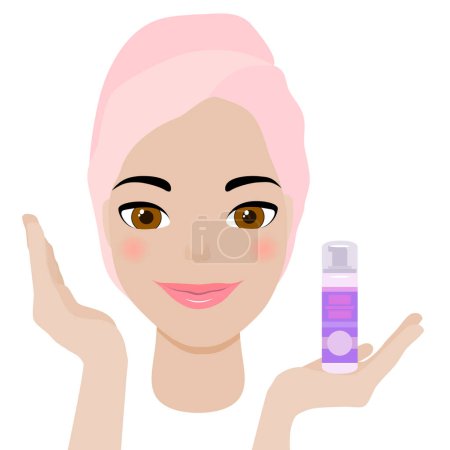 Illustration for Beautiful young female model shows spa cosmetic product on the open palm of her hand.  The face of a lovely smiling beauty girl with clean fresh healthy skin.  Happy cute fashionable lady in a towel turban on a white background. - Royalty Free Image