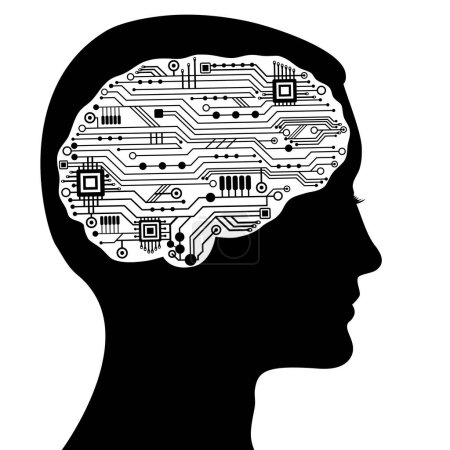 Illustration for Beautiful communication man profile with circuit techno human brain. Artificial intelligence, cyber mind concept. Circuit board chips. - Royalty Free Image
