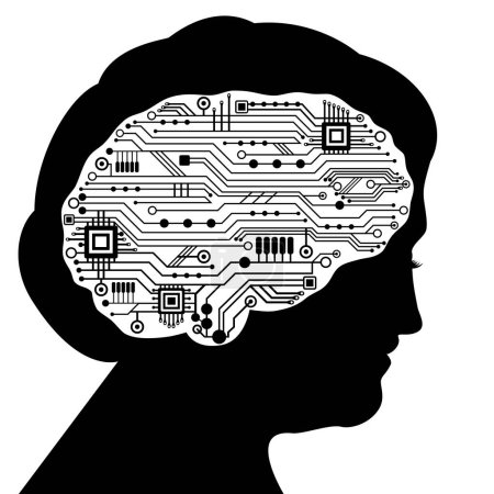 Ilustración de Beautiful communication old woman profile with circuit techno human brain. Artificial intelligence, cyber mind concept. Circuit board chips. - Imagen libre de derechos