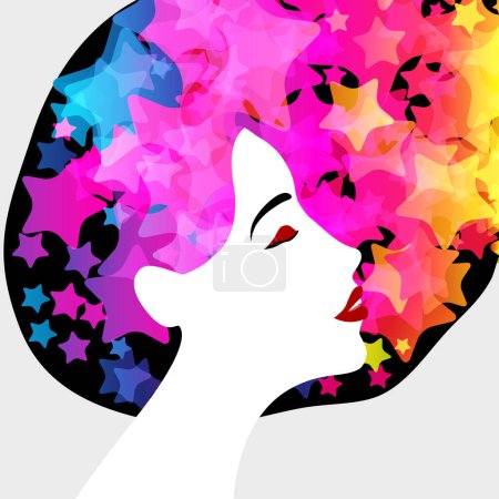 Ilustración de Beautiful woman profile. Beauty face with star hair made of multicolored stars, red lips. Vector illustration with place for your text. - Imagen libre de derechos