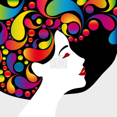 Téléchargez les illustrations : Beautiful woman profile. Beauty face with multicolored drops hair made of splashes of paint, red lips. Vector illustration with place for your text. - en licence libre de droit