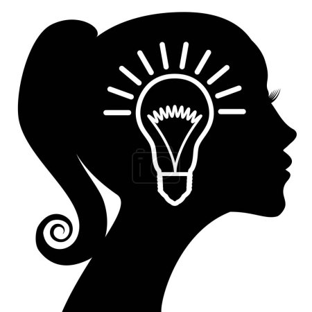 Téléchargez les illustrations : Light bulb in the profile of the head of a beautiful girl. Concept for brainstorming, ideas, eureka. - en licence libre de droit