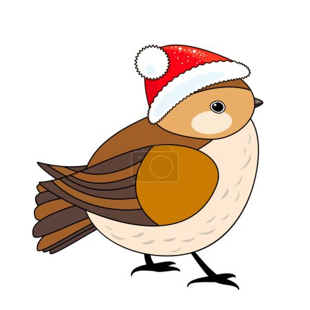 Ilustración de Lindo pájaro de Navidad en sombrero rojo de Navidad, estilo de colorear aislado sobre fondo blanco, signo de vector. - Imagen libre de derechos