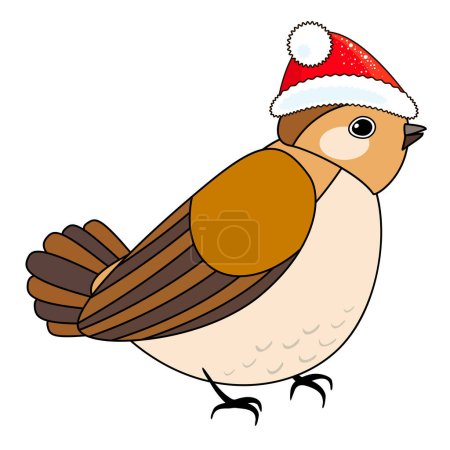 Illustration for Cute Christmas bird in red Christmas hat, coloring style isolated on white background, vector sign. - Royalty Free Image