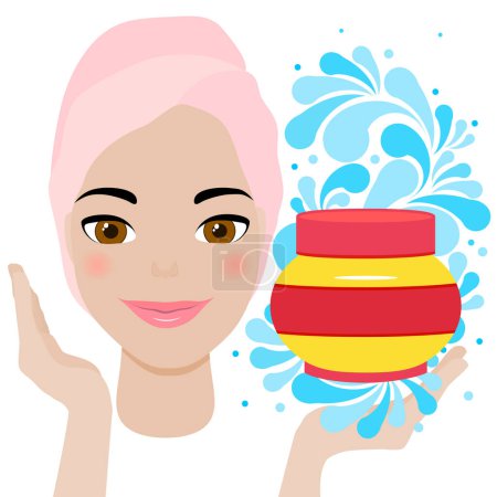 Illustration for Beautiful young female model shows spa cosmetic product on the open palm of her hand.  Splash of blue water drops. The face of a lovely smiling beauty girl with clean fresh healthy skin.  Happy cute fashionable woman in a towel turban on a white back - Royalty Free Image
