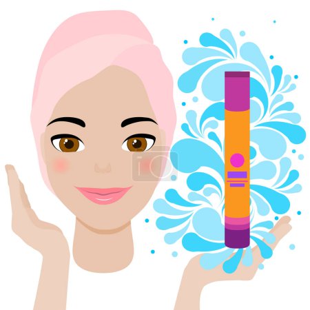 Illustration for Beautiful young female model shows spa cosmetic product on the open palm of her hand.  Splash of blue water drops. The face of a lovely smiling beauty girl with clean fresh healthy skin.  Happy cute fashionable woman in a towel turban on a white back - Royalty Free Image