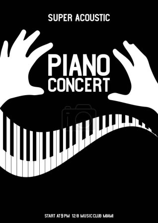 Illustration for Music keyboard, pianist's hands, festival poster, media banner with the words Piano concert, super acoustic. Vector illustration digital design. - Royalty Free Image