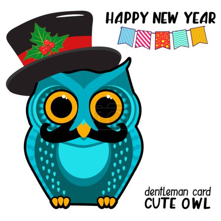 Illustration for Cute owl gentleman with a mustache and a top hat against the background of a garland of flags. Christmas, New Year concept. Humorous cartoon vector illustration. - Royalty Free Image