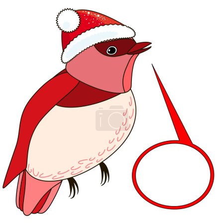 Ilustración de Lindo pájaro de Navidad en sombrero rojo de Navidad con burbuja del habla, aislado sobre fondo blanco, signo de vector. - Imagen libre de derechos