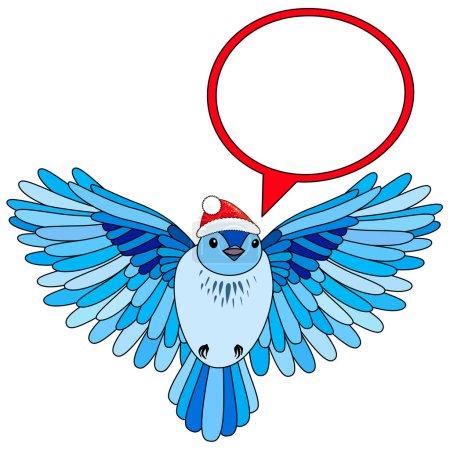 Ilustración de Lindo pájaro de Navidad en sombrero rojo de Navidad con burbuja del habla, aislado sobre fondo blanco, signo de vector. - Imagen libre de derechos